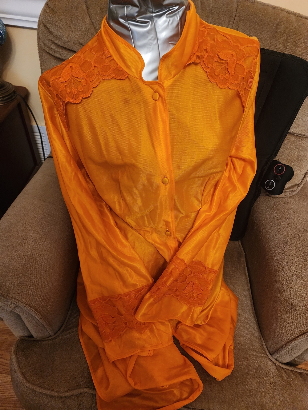 Women's Orange Satin Lace-Trim Robe - Elegant Sleepwear